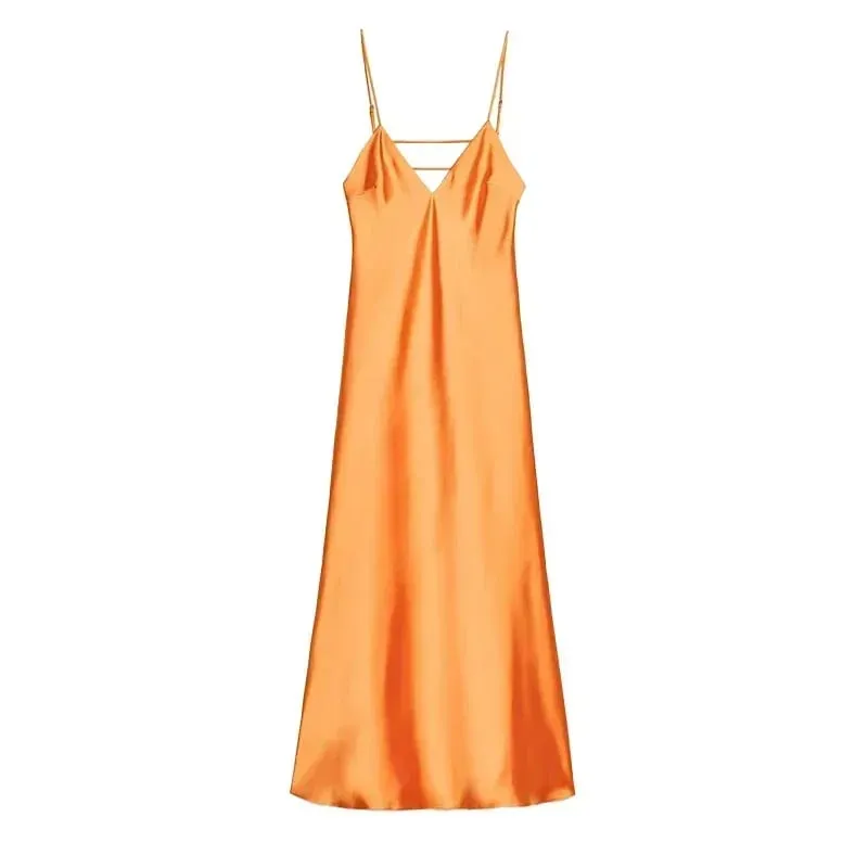 Women Solid Satin Sling Long Dress Casual Backless Sleeveless V-neck Pleated Gowns 2026 Summer Vacation Evening Party Robes — image 10