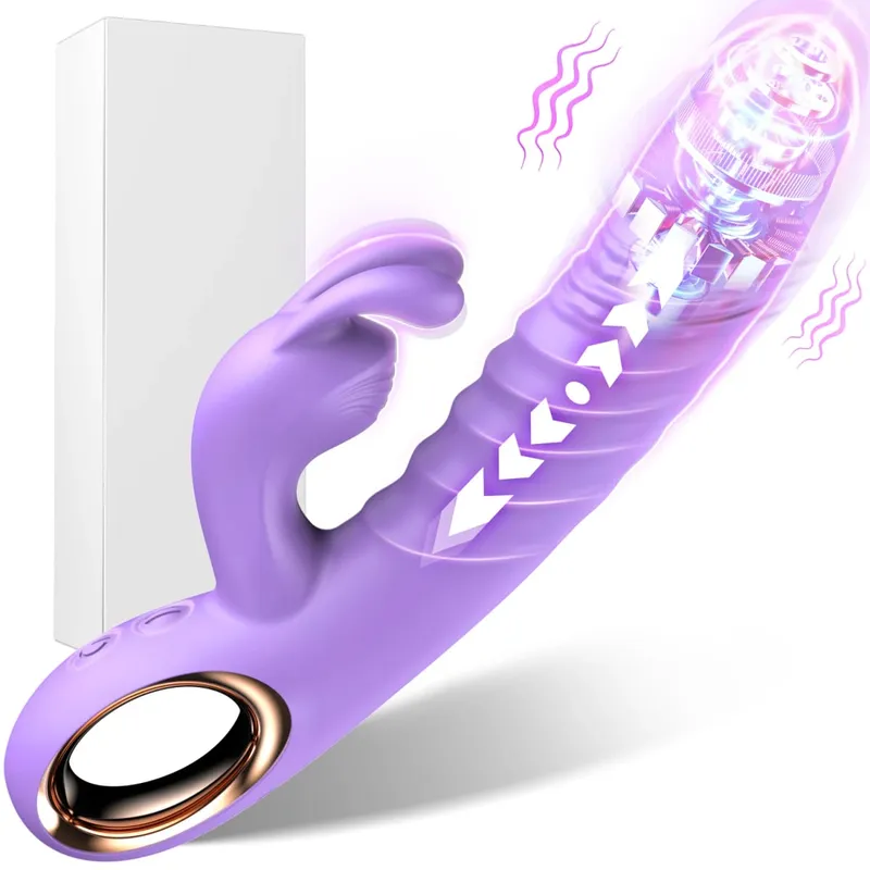 Rabbit Thrusting G Spot Vibrator Anal Dildo with 10 Vibrating Thrusting Liquid Silicone Vaginal Massage Adult Sex Toys for Women