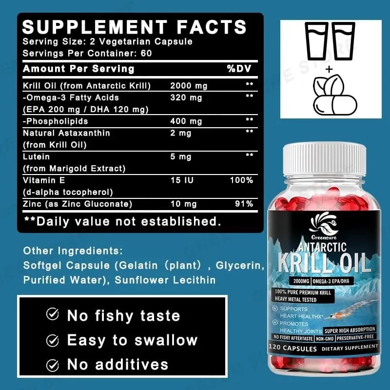 Premium Antarctic Krill Oil 2000mg – Omega-3 EPA & DHA Heart & Brain Support – 60/120 Softgels