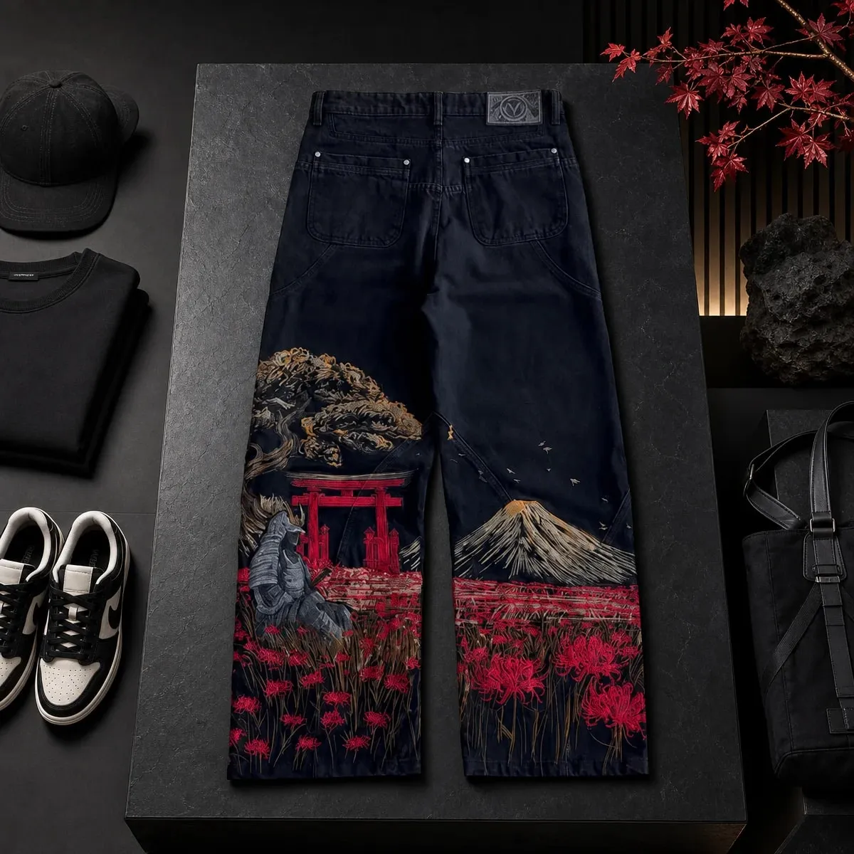 Samurai Embroidery Men Jeans Y2K Retro Harajuku Street Hip Hop High Waist Straight Pants Unisex Wide Leg Loose Denim Pants — image 2
