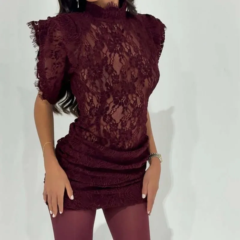 Retro Solid Color Short Sleeved Summer Dress Fashion Embroidery Perspective Party Dress Ladies Stand Collar Lace Slim Mini Dress — image 9