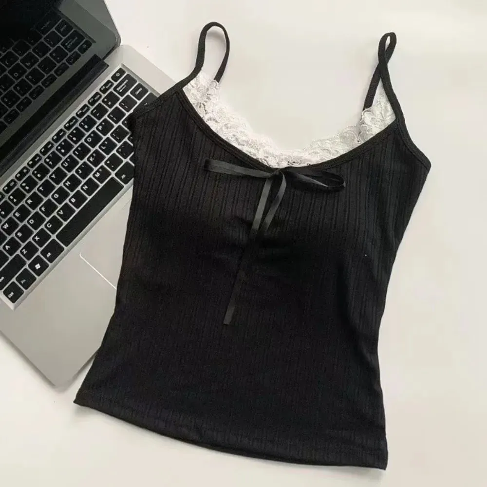Waist-cinching Sleeveless Slim Lace Crop Top Y2k Solid Color Camisole with Pads Bottoming Shirt Sweet Lace Patchwork Vest Lady — image 3
