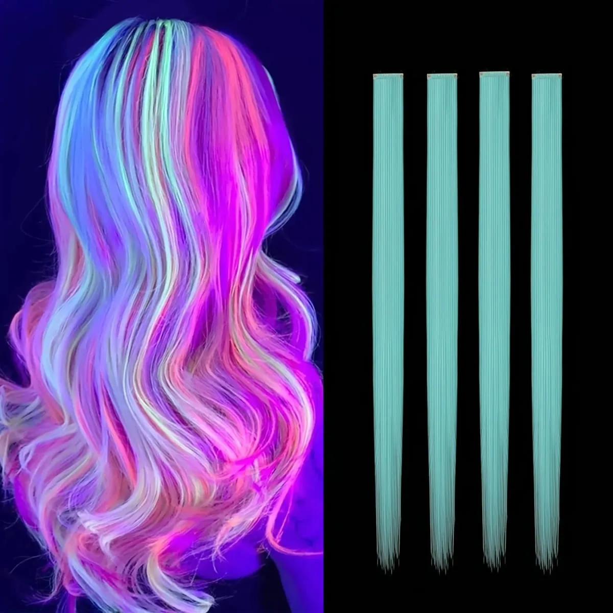 4-Pieces Synthetic Hair Extensions with Luminous Fluorescent Glow for Women - Clip-In Smooth & Soft Easy to Wear for Parties