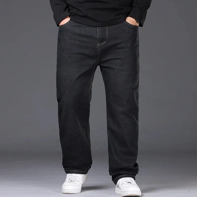 42-50 Plus Size Men's Jeans Business Casual Denim Pants High Waist Straight Leg Loose Elastic Comfortable Trousers Male Clothing