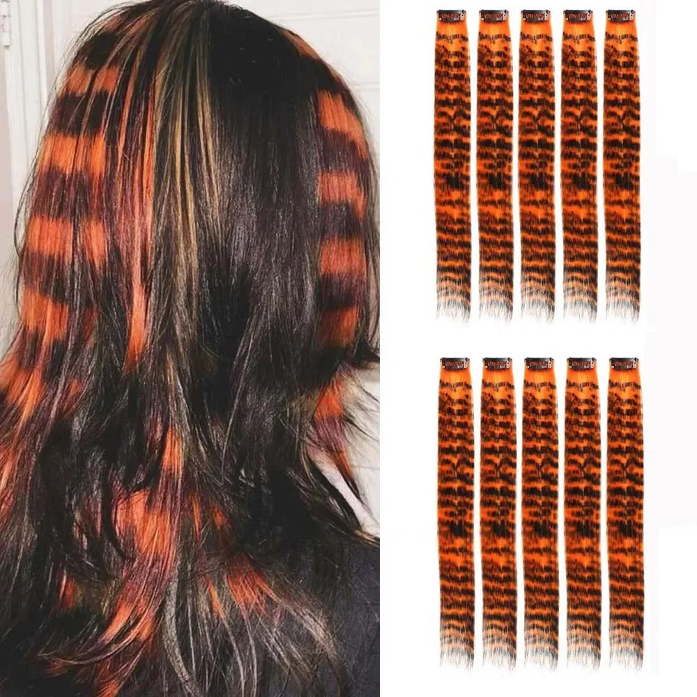 10pcs/set Stripe Printed Hair Colorful Long Straight Hair Pieces Synthetic Clip-in Hair Extensions for Daily Use Party Christmas — image 18