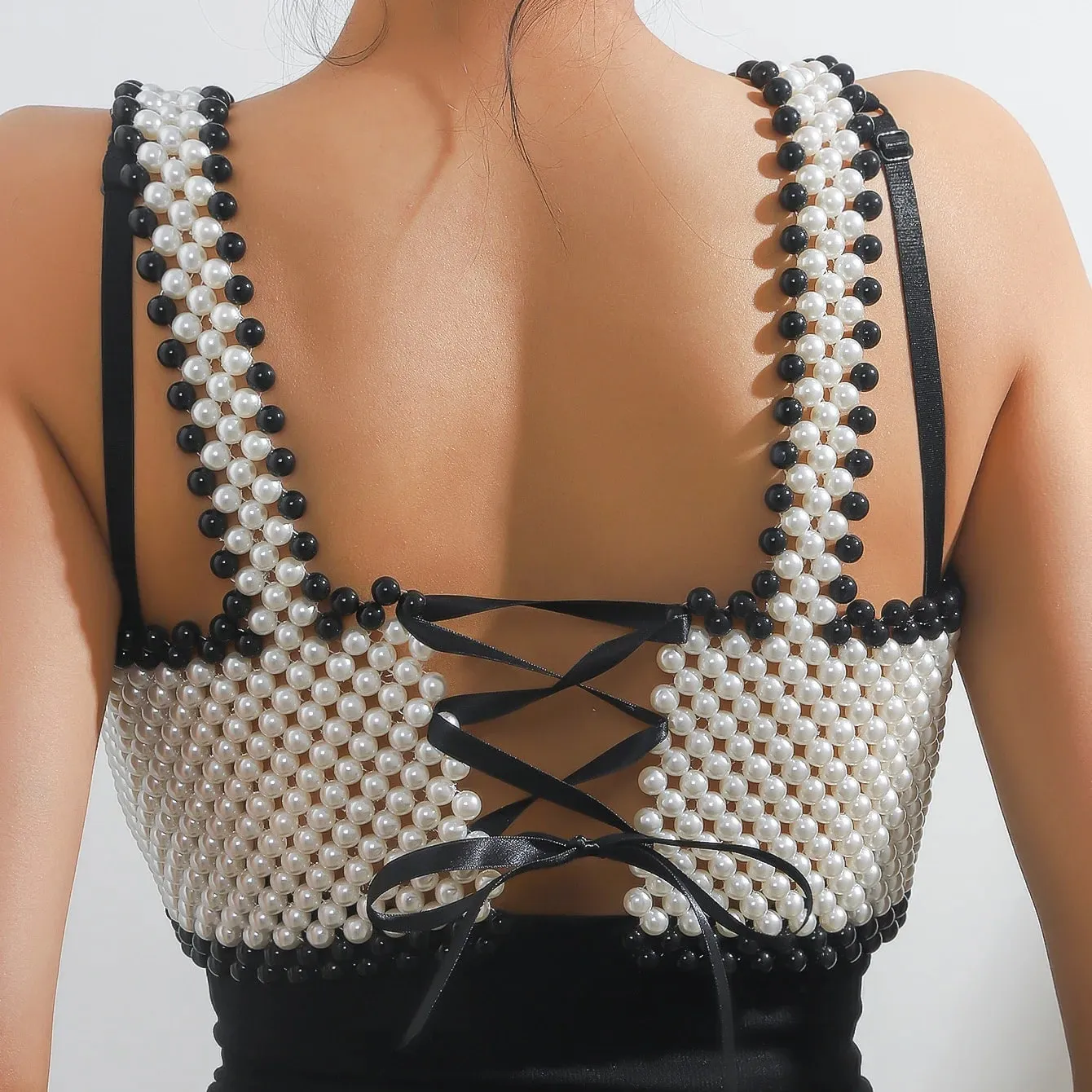 Sexy Women's Pearl Shoulder Bared Mesh Vest with Adjustable Ribbon Fashionable Sleeveless Summer Wear Ladies Pearl Top — image 3