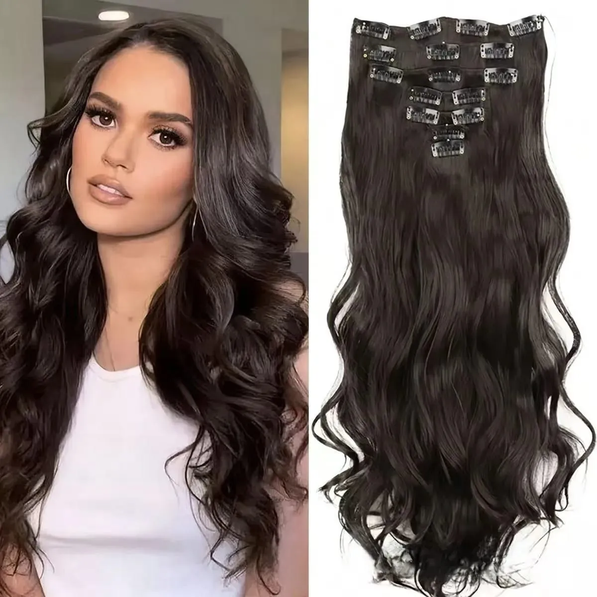 7 Clips In Hair Extensions Long Wave Hairstyle Blck 60-71cm Natural Synthetic Hair Daily Use Hairpiece For Women — image 7