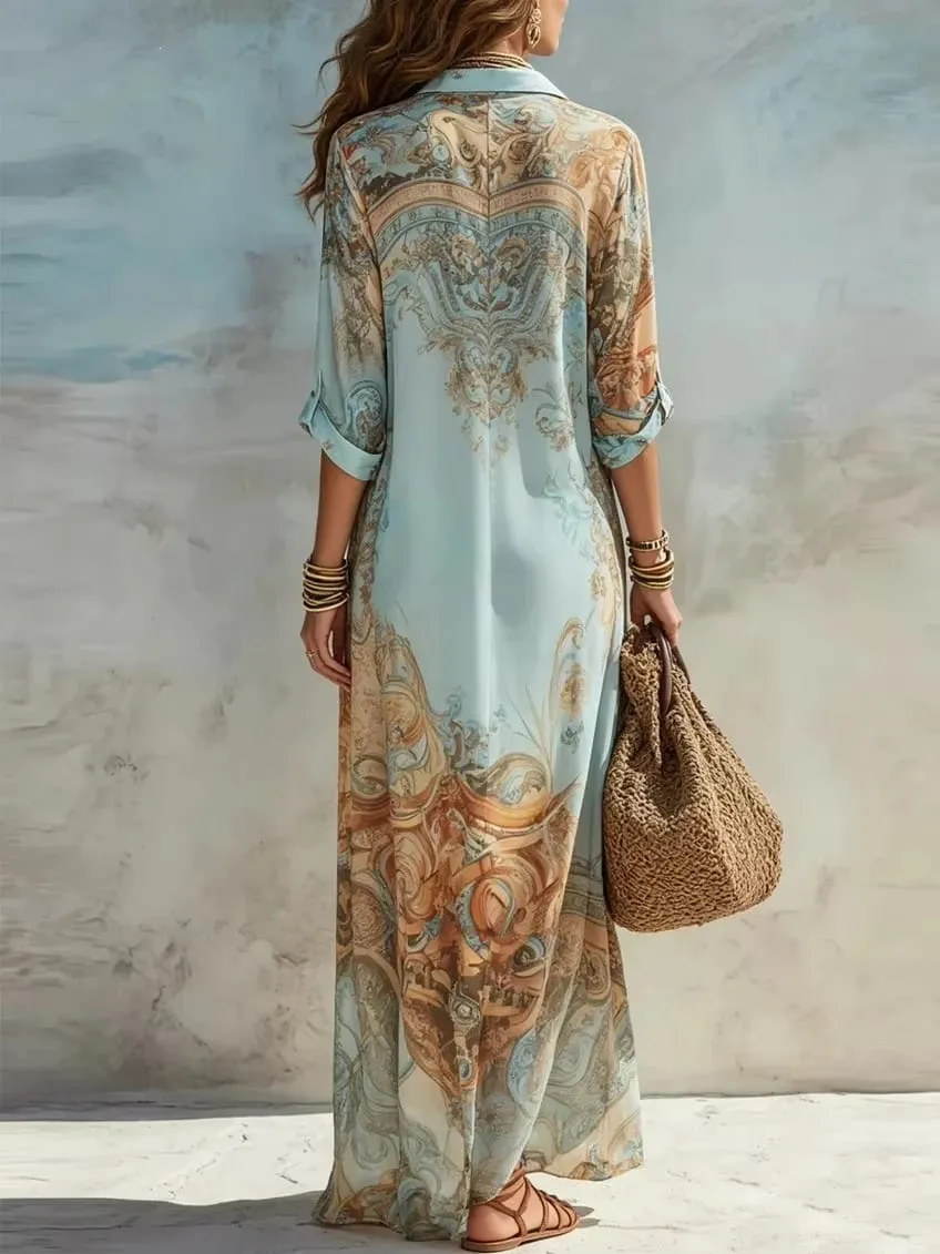 Elegant Shirt Dress for Women Chiffon Digital Print Turndown Collar Single-breasted Dresses Flowy Casual Boho Summer Clothing — image 2
