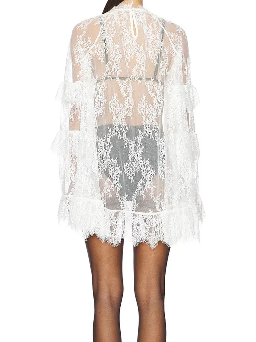Women See Through Lace Dress Layered Flare Long Sleeve Crew Neck Ruffle Dress for Party Cocktail Club Dress Cover-ups — image 7