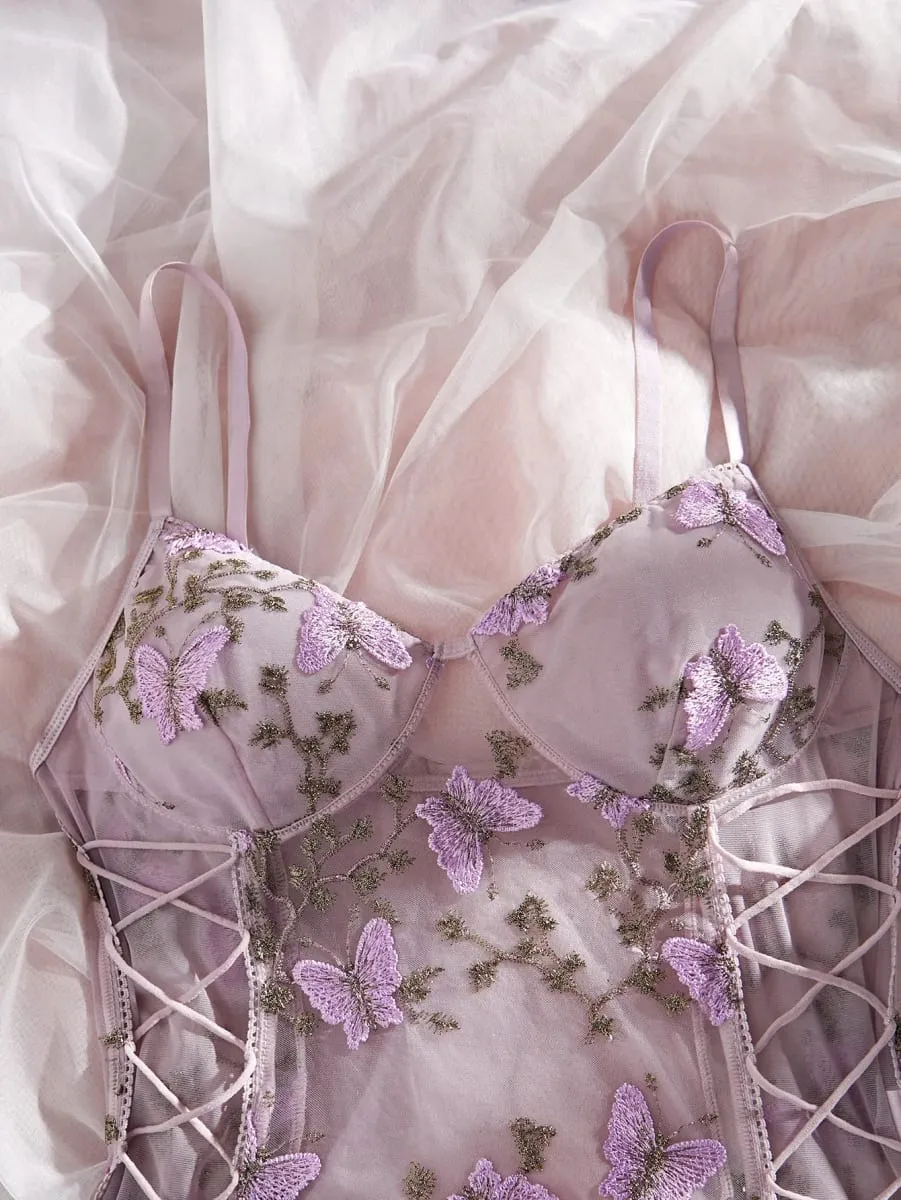 Hot Butterfly Embroidery Mesh Teddy Lace Up V Neck Backless ThongBodysuit Women's Sexy Lingerie & Underwear — image 4
