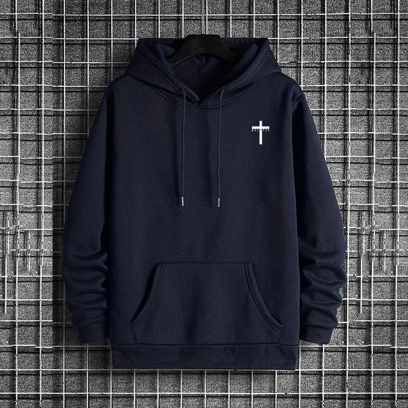 Mens Urban Hoodie 2025 High Quality Solid Color Long Sleeve Sweatshirt Casual Sporty Hooded Outerwear Jesus Cross Print Pullover — image 5
