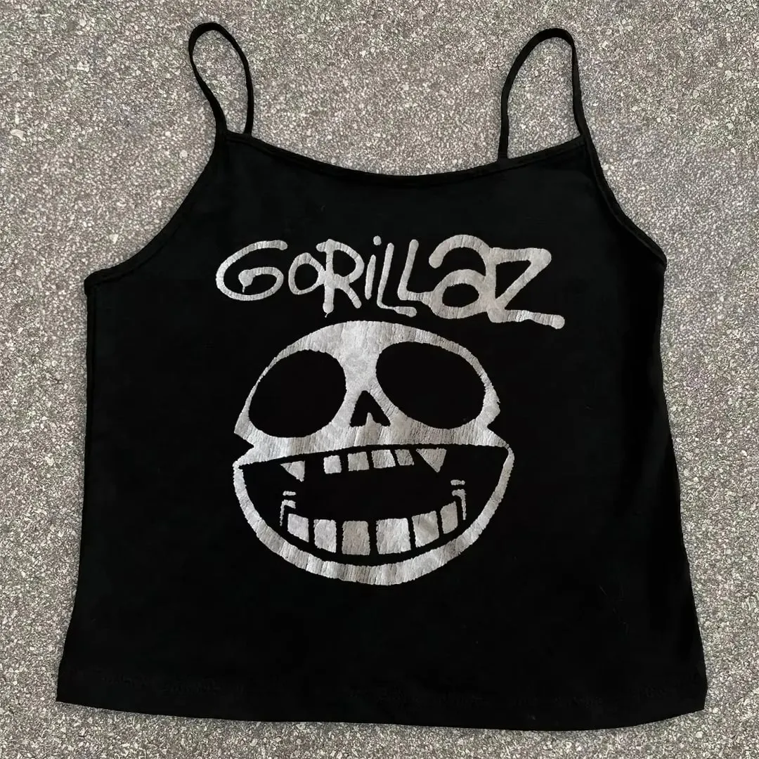 Women Gothic Spider Web Print Cami Tank Top Sleeveless Spaghetti Strap Y2K Slim Cropped Camisole Dark Punk Streetwear Tops