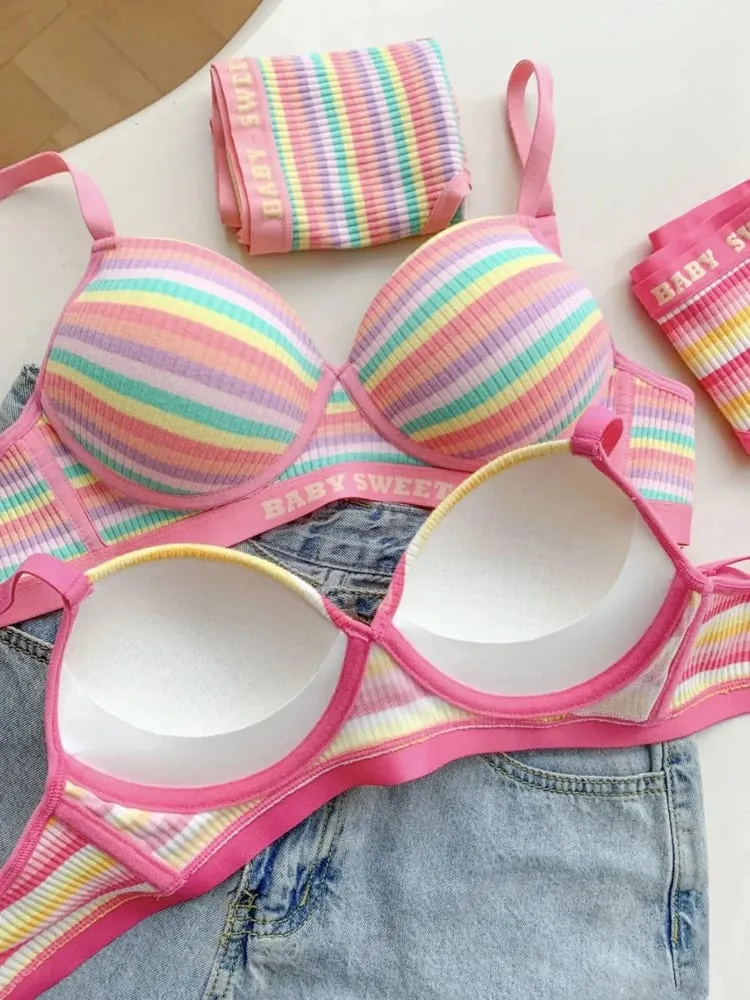 Stripe Women's Bra Set Gathered Anti-Sagging Small Chest Side Breast Reduction Underwear Cute Style Nylon