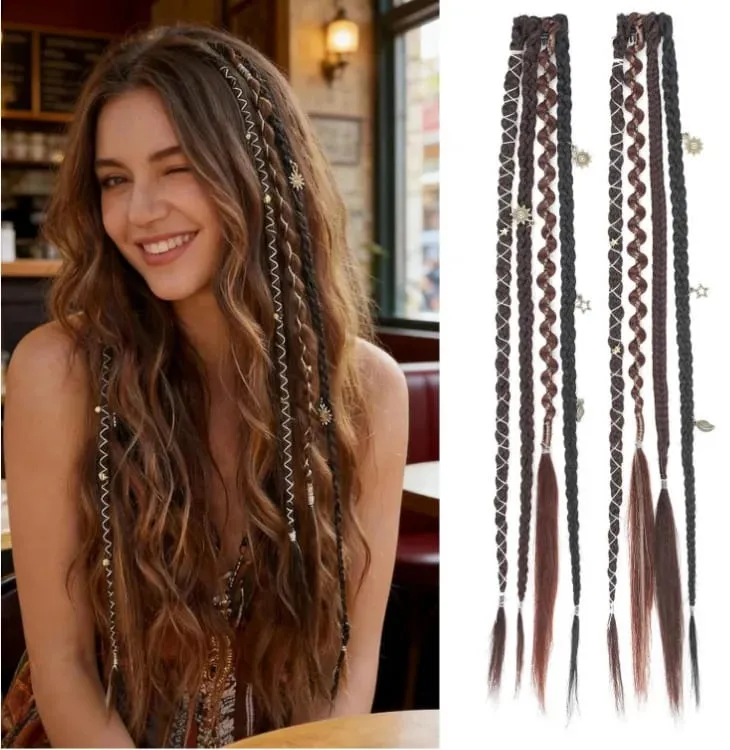 2PCS Synthetic 20Inch Bohemian Braided Ponytail Hair Extensions With Metal Charms Brown Mix Burgundy Handmade Box Braid Ponytail — image 9