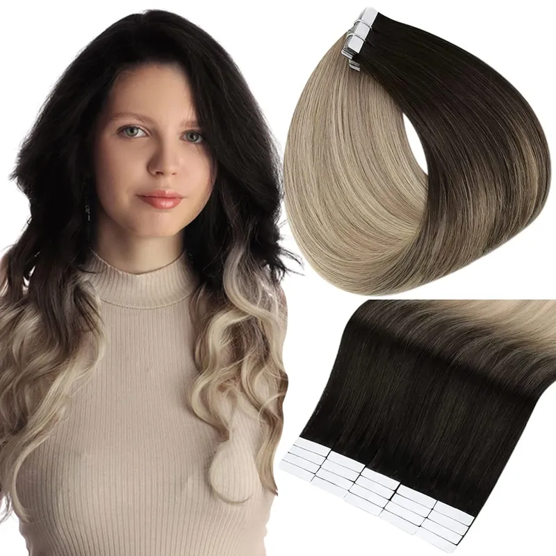 Full Shine Tape in Hair Extensions Human Hair Seamless Silky Straight Skin Weft 20Pcs 50G Add Length for Wedding