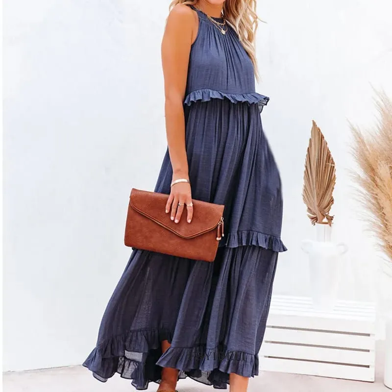 Women Casual Solid Ruffles Long Dress Summer Elegant Sleeveless Sundress Elegant Harajuku Maxi Dress Beach Party Evening Vestido — image 3