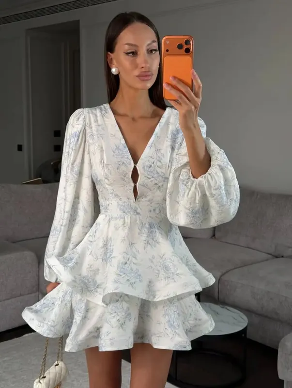 Chic Strawberry Print Ruffle Dress 2026 Deep V Neck Long Puff Sleeve Ruched Waist Mini Dresses Spring Sweet Café Meetup Vestido — image 18