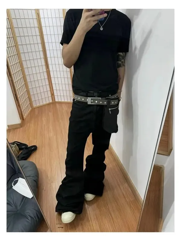 High Street RO Style Denim Pants Men's 24SS Basic Elastic Black Ribbon Loose Flared Streetwear Casual Jeans Pants Men Clothing — image 6