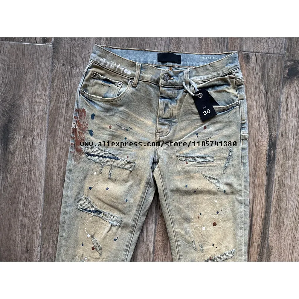 Men's High Street Distressed Washed Light Blue Graffiti Damaged Holes Stretch Skinny Button Fly Ripped Jeans Pants — image 4