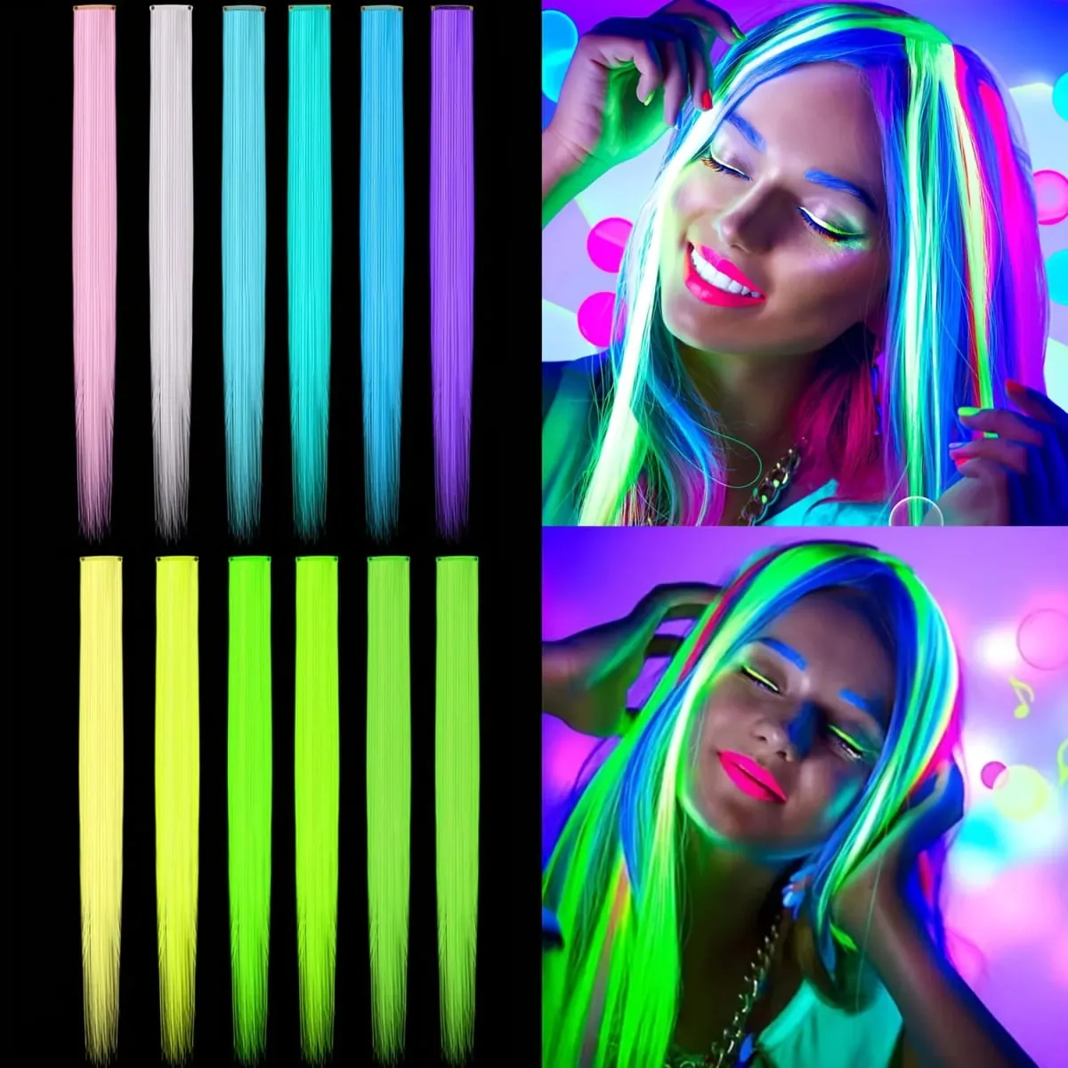 4-Pieces Synthetic Hair Extensions with Luminous Fluorescent Glow for Women - Clip-In Smooth & Soft Easy to Wear for Parties