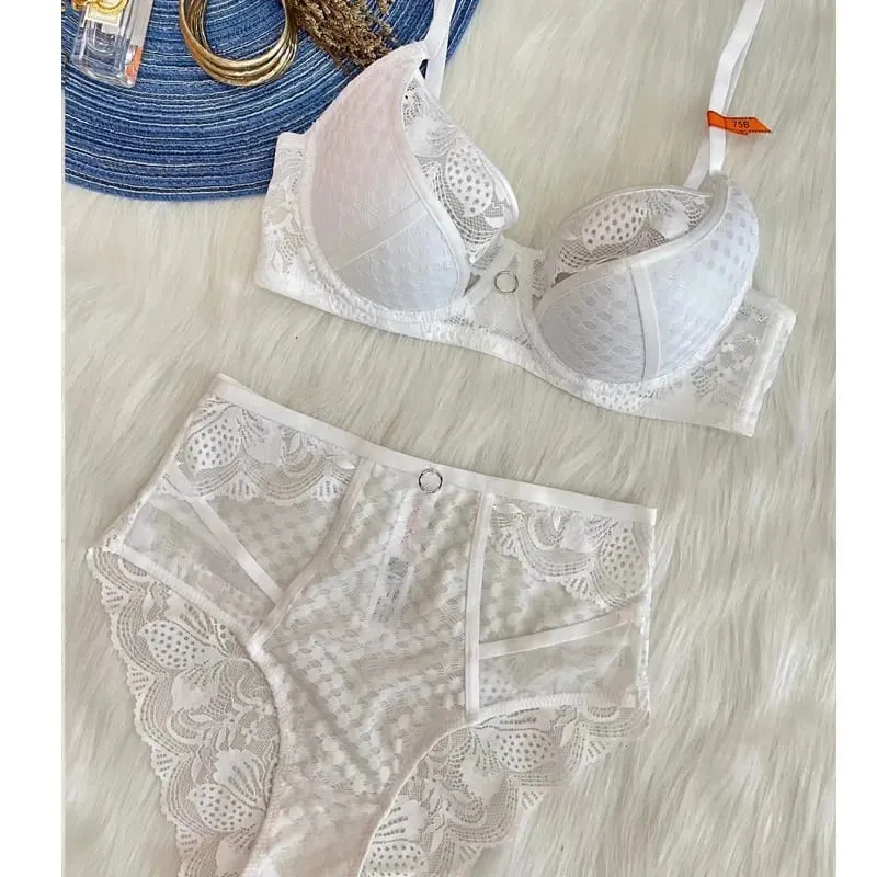 high quality lace bras and brief two piece set for women push up B C D cup hollow out wire summer lingerie underwear black white