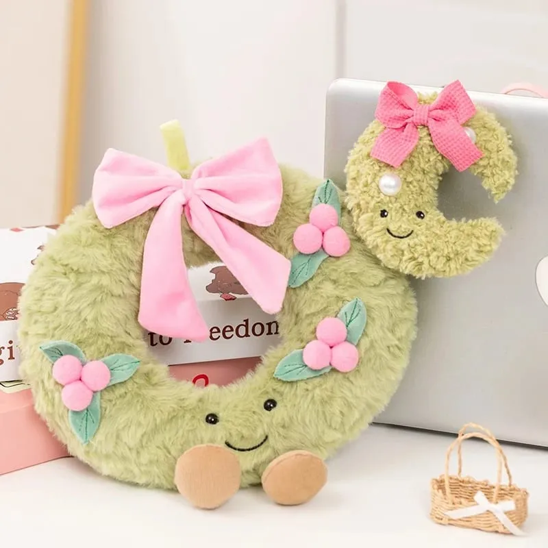 Sweet Green Wreath Plush Toy Stuffed Smiling Humanoid Pink Bow Tie Plushie Kawaii Home Decor Christmas Gift — image 8