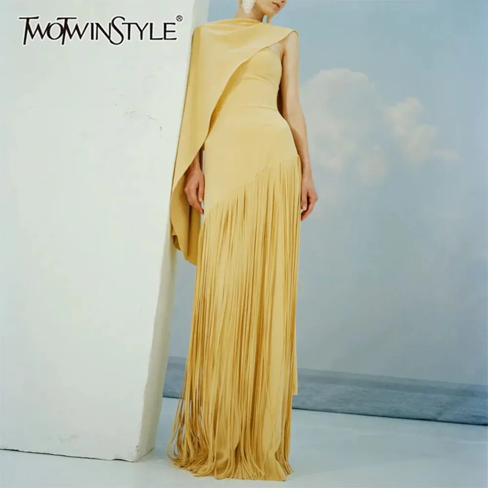 Solid Loose Spliced Tassel Chic Dresses for Women O Neck Sleeveless Luxury Elegant Dress Female Summer Fashion New — image 2