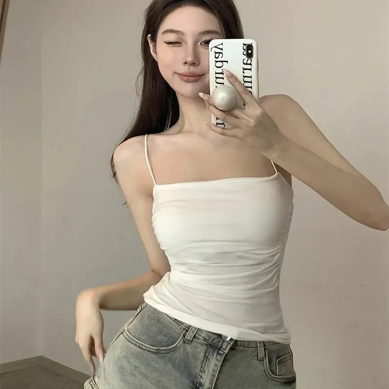 Sexy Short Top With Thin Straps Plain White Tank Top Korean Style Women's Sleeveless Top Tank Underwear Fitted Camisole — image 6