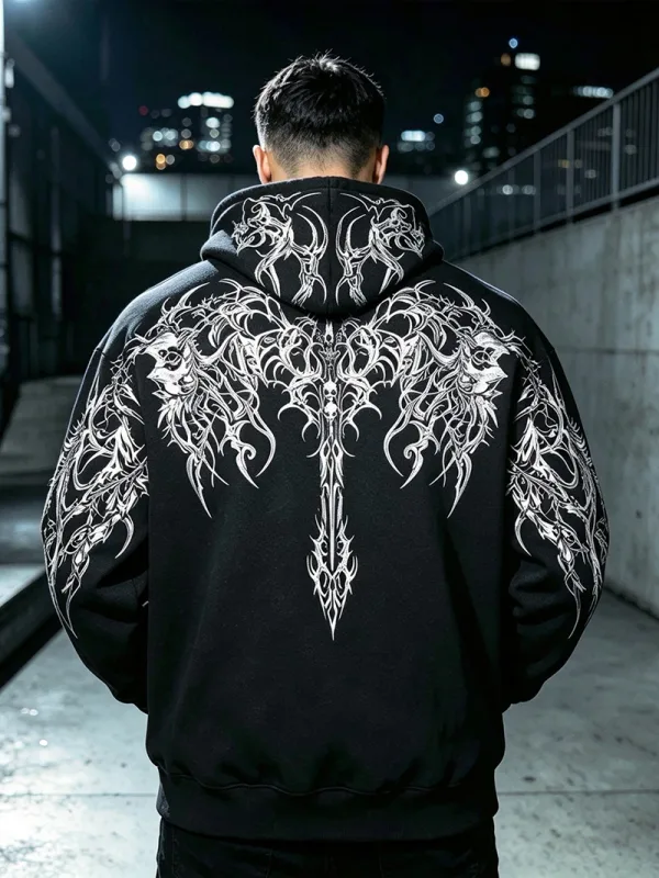 Men Alt Gothic Pullover Hoodie Y2k High Street American Style Dark Thorn Print Fleece Lined Loose Biker Fall Winter Sweatshirt — image 5