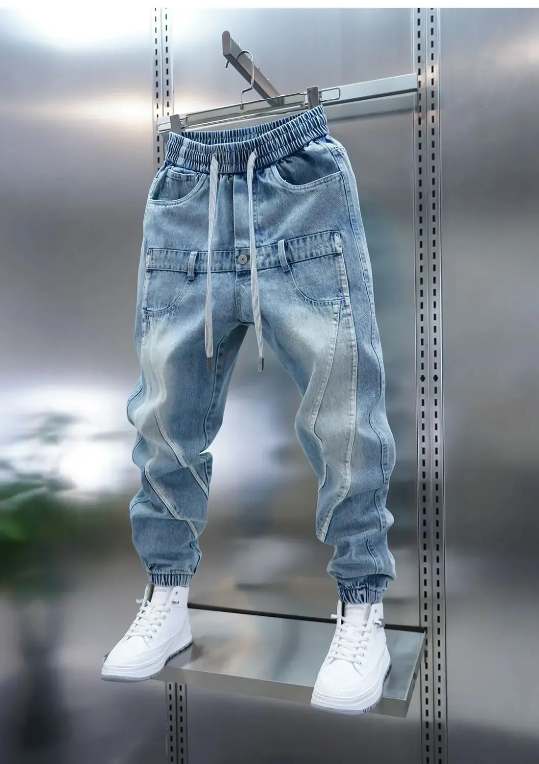 2026 Light Blue Gradient Harem Jeans Outdoor Casual Loose Fit Long Trousers Brand Men's Clothing — image 5