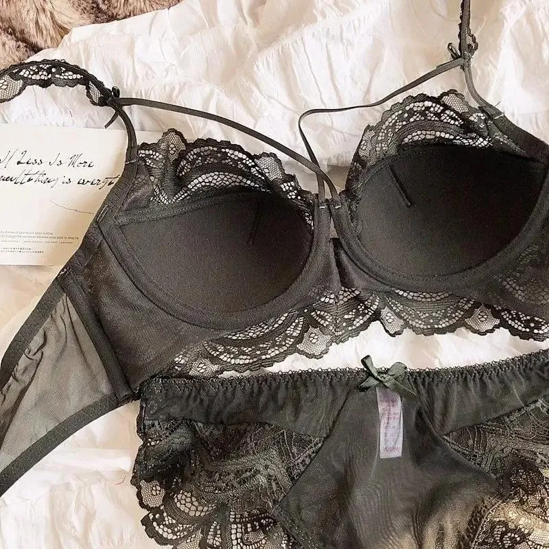 French Pure Lace Bralette Petite Bralet Set Košíčky AABB s odnímatelnými ramínky a tenkými vycpávkami Push Up Měkká kostice Sexy Dámské — image 6