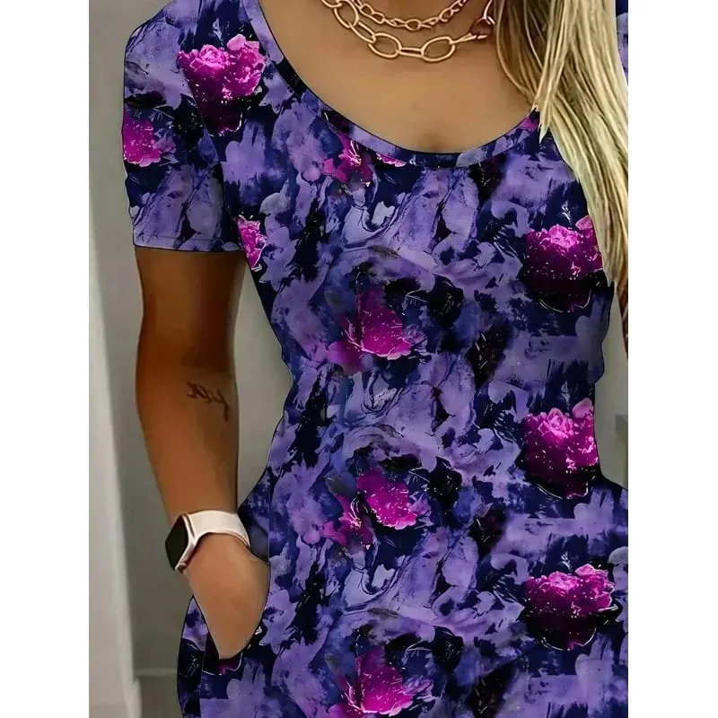 Women's Elegant Comfortable Printed Solid Color Pocket Short Sleeve round Neck Mini Skirt Long Dress Casual Fashion — image 3