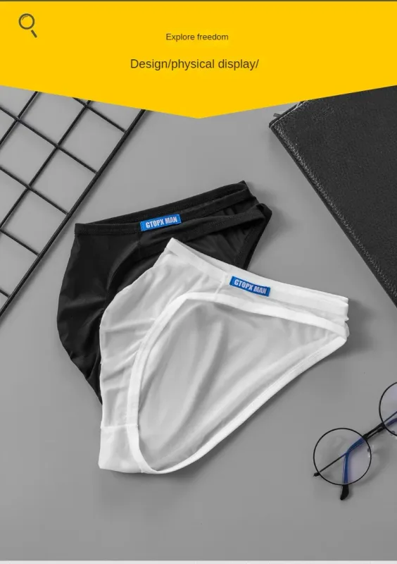 Men's Sexy Underwear Thin Ice Silk Translucent Briefs U Pouch Ropa Interior Hombre Male Panties — image 11