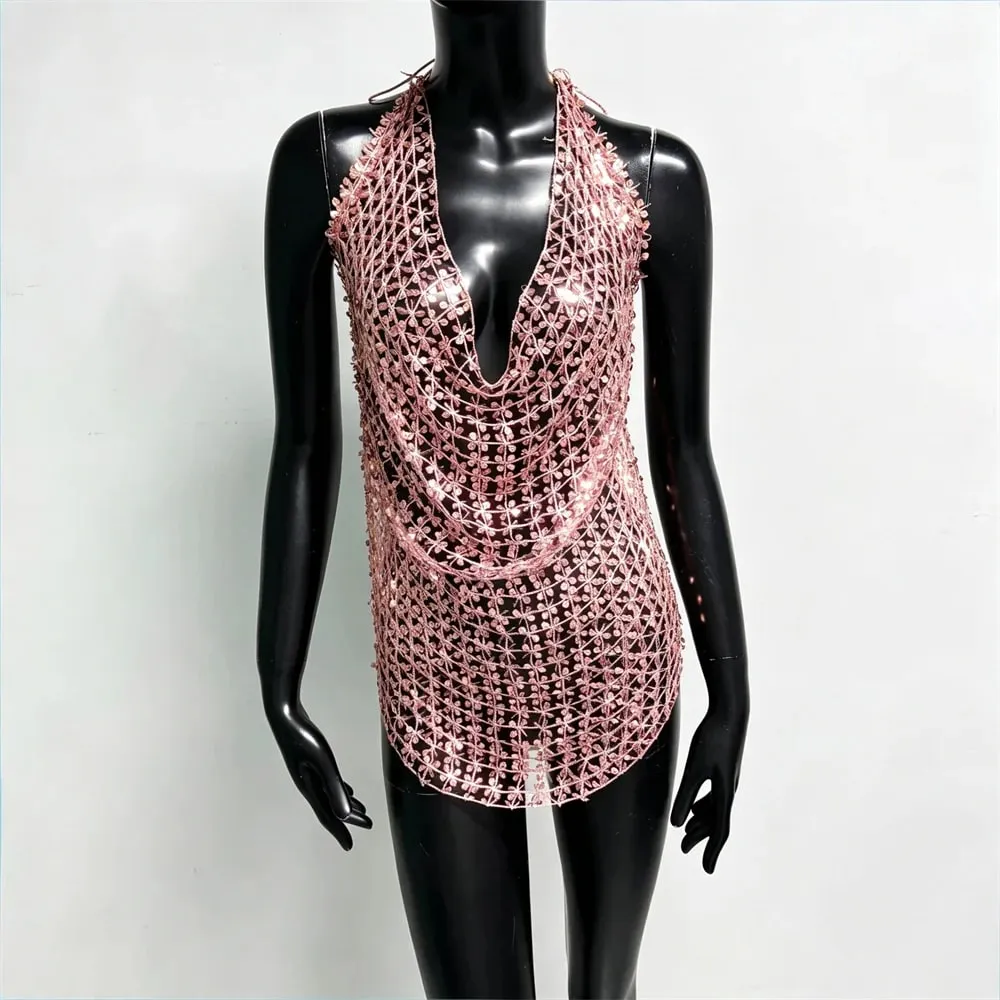 Women Shiny Acrylic Sequins Hollow Tank Top Sexy Deep V Neck Backless Halter Neck See Through Cover Up Camisole Beach Party Tops — image 9