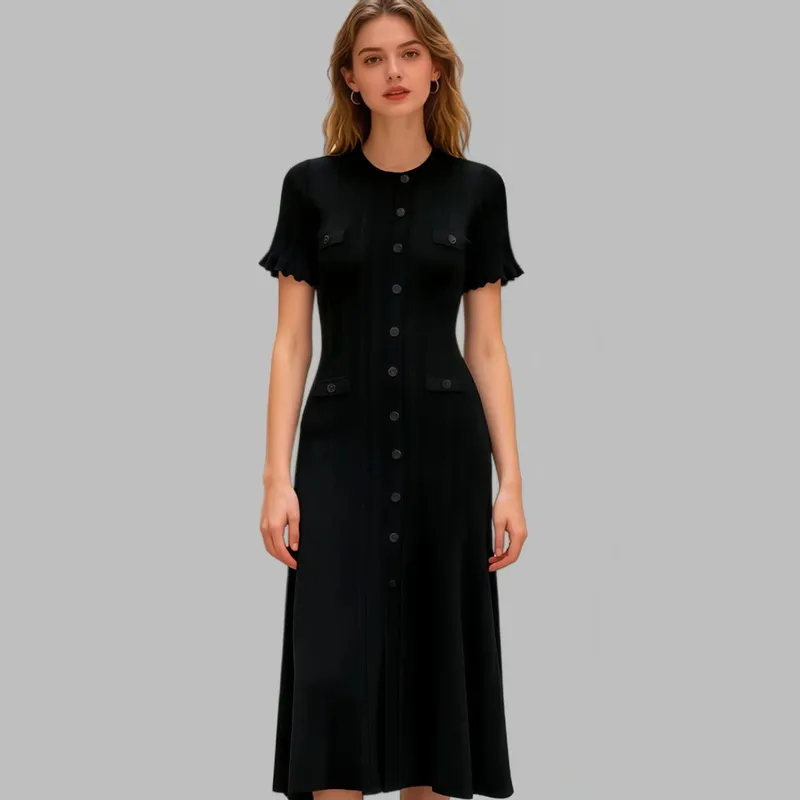 Elegant Knitted Dress round Neck Short Sleeve Hollow out Long Dress Ribbed Single Button Knitted Dress Fashionable Commute Style — image 8