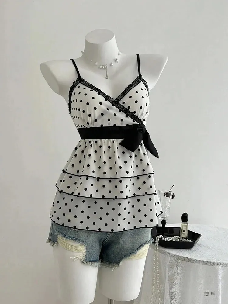 French-Style Retro Lace Patchwork Color-Blocked Bow Polka Dot Camisole Sweet Youthful Stylish Slimming Vacation High-End Top for Women Women's Clothing — image 2