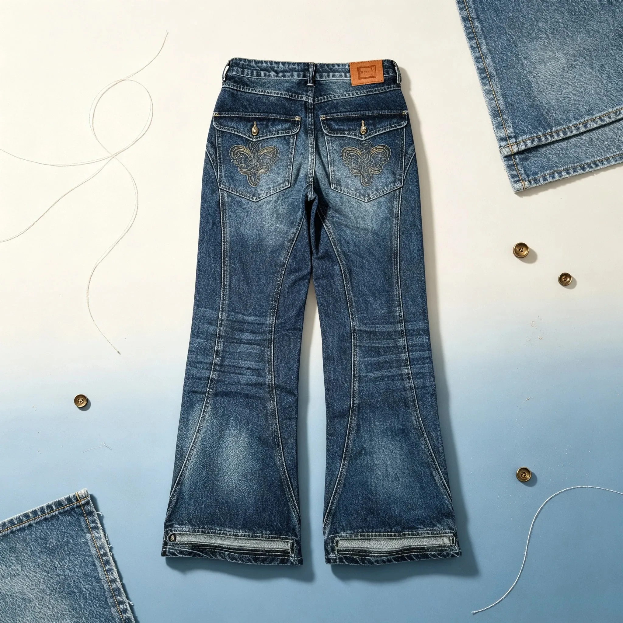 Y2K Vintage Flare Jeans Men Women Dark Wash Denim Pants Mid Waist Split Hem Embroidery Pocket Retro Streetwear Bootcut Trousers