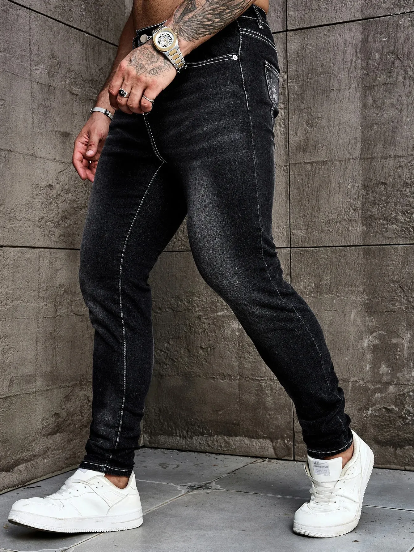 Men Jeans Denim Pants Clothing Trousers Men's Casual Black Washed Slim Fit Stretch Skinny Denim Pants — image 4