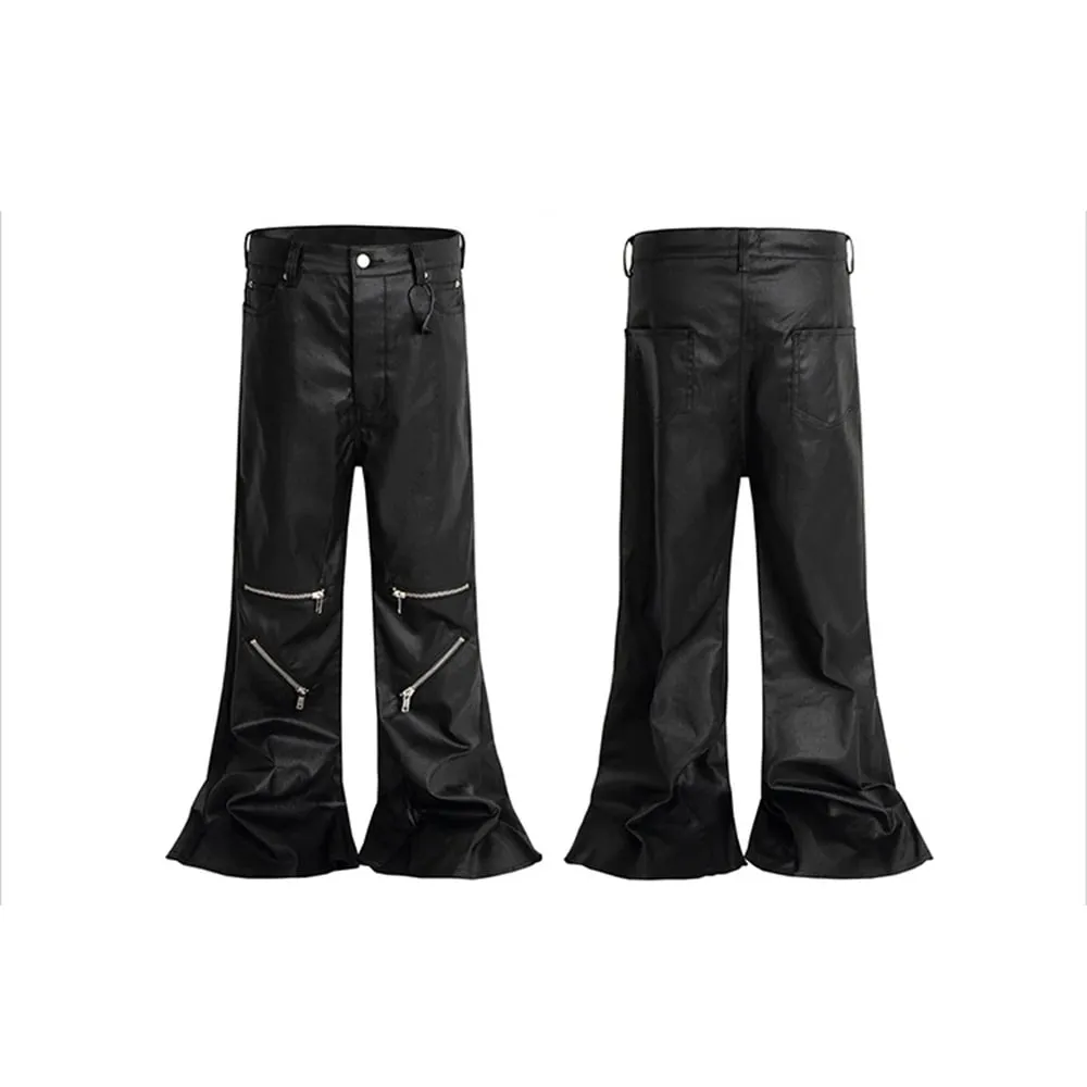 Knee Multi Zipper Coated Micro Flared Jeans for Men Streetwear Baggy Denim Trousers Straight Black Boot Cut — image 3
