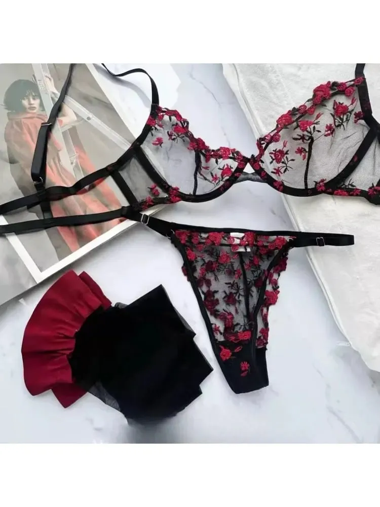 French Elegant Lingerie Set-Floral Embroidery Semi-Transparent Bra & Brief Black Sensual Women's Underwear Luxury Intimates — image 2