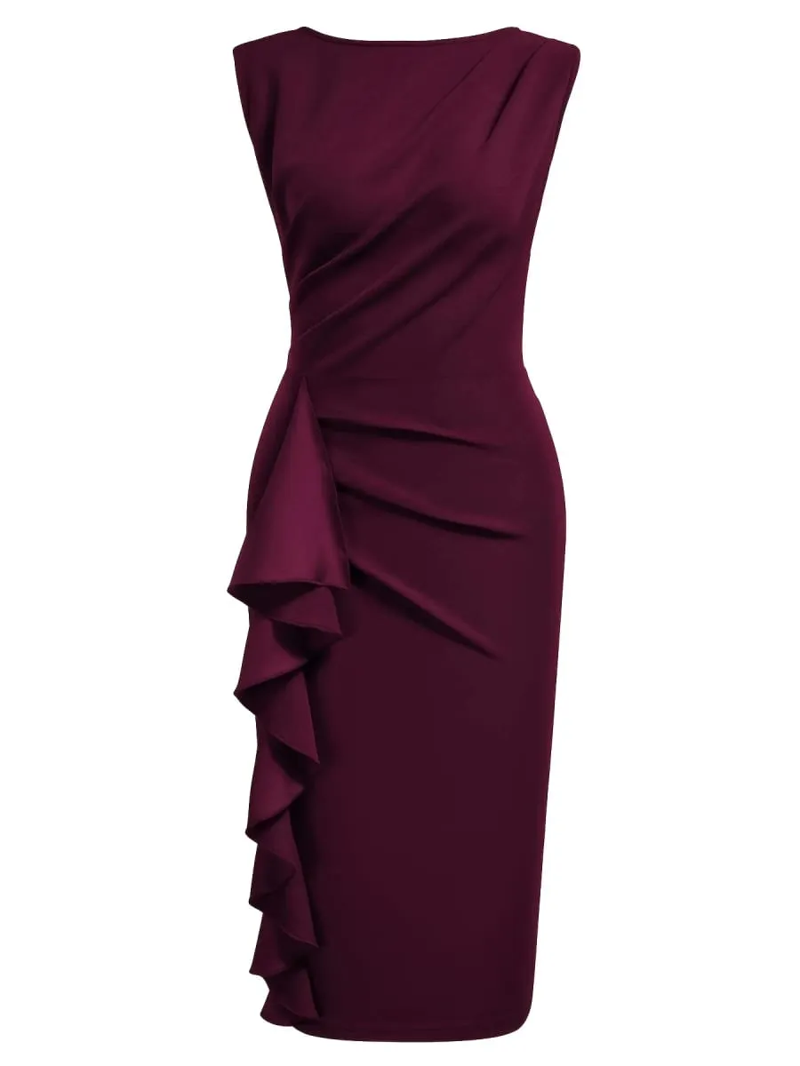 Women Elegant Round Neck Sleeveless Vintage Slim Work Office Cocktail Party Business Ruffle Casual Sheath Bodycon Pencil Dress — image 6