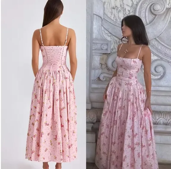 Mingmingxi Women Long Floral Print Spaghetti Strap Maxi Dress Summer Elegant Lace Up Dress Flowy Holiday Party Beach Wear Dress — image 9