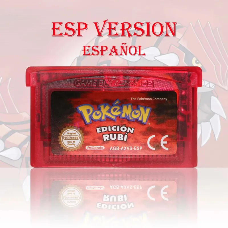 GBA/GBC ESP Version Pokemon Esmeralda/Rojo Fuego/Plata/Cristal Game Cartridge Video Game Console Card High Quality with Battery