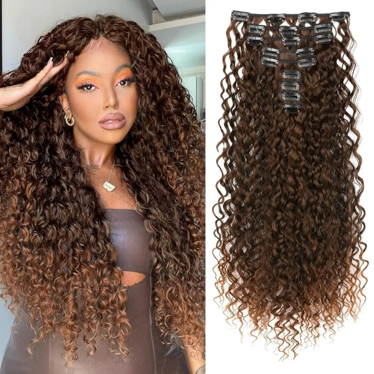 9PCS Clip-in Hair Extensions Kit Long Soft Curly Hair Extension Synthetic Kinky Curly Hairpieces Full Head Fake Pieces for Women — image 2