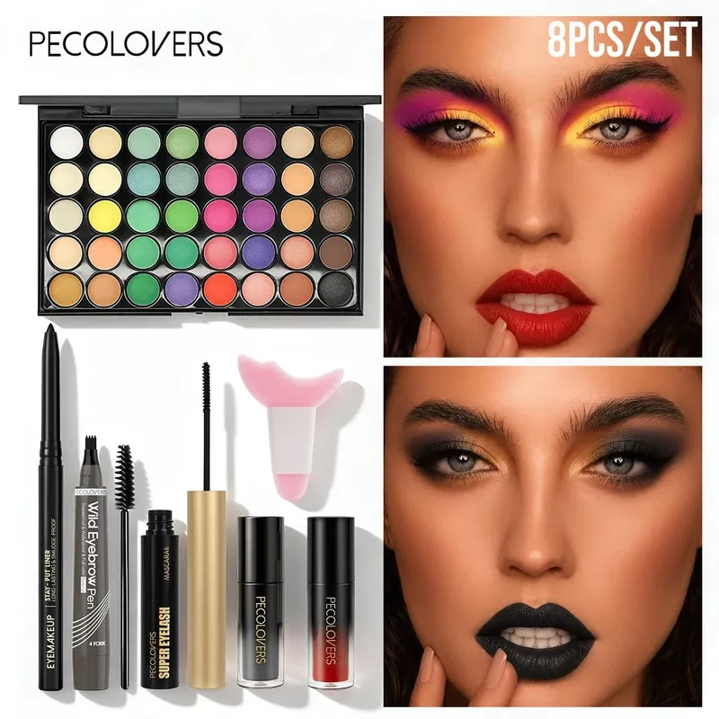 8 stk. Makeup Kit alt-i-én kosmetisk sæt til fuld ansigt med flerfarvet øjenskyggepalet Eyeliner Øjenbrynspen Mascara Lipgloss — image 3
