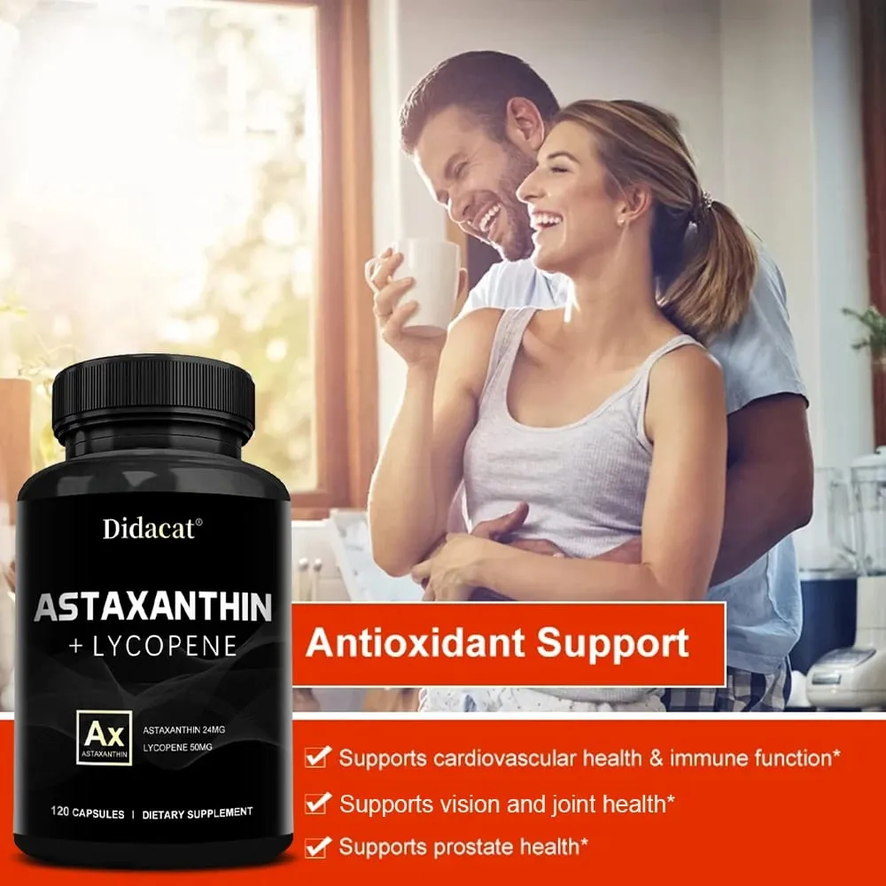 Icelandic Astaxanthin 24mg + Lycopene 50mg Heart Brain Joint Immune Antioxidant Dietary Supplement - 120 Capsules