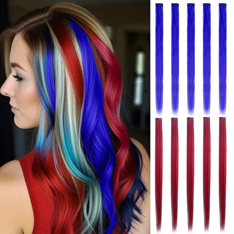 10Pcs 24 Inch Colored Clip In Hair Extensions Straight Synthetic Highlight Hairpieces For Girls Cosplay Party