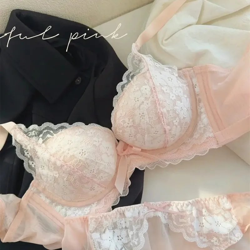 Sexy Lace Lingerie Set Manga-Style Bra Small-Bust Gathering Side-Boob Control Uplifting Comfortable Wireless Bra Set. — image 10
