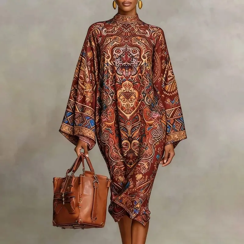 Yeezzi 2026 New Retro Classic Printed Party Evening Midi Dresses Loose Batwing Sleeves Elegant Ramadan Church Kaftan Dress Robe — image 1