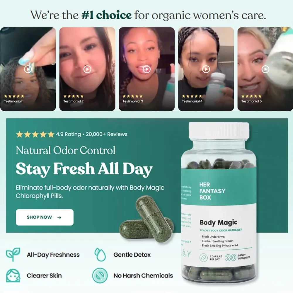 Body Magic Chlorophyll Pills - Vegan Capsules Natural Energy Booster For Body Odor Detox & Digestion Support Gut & Skin Health